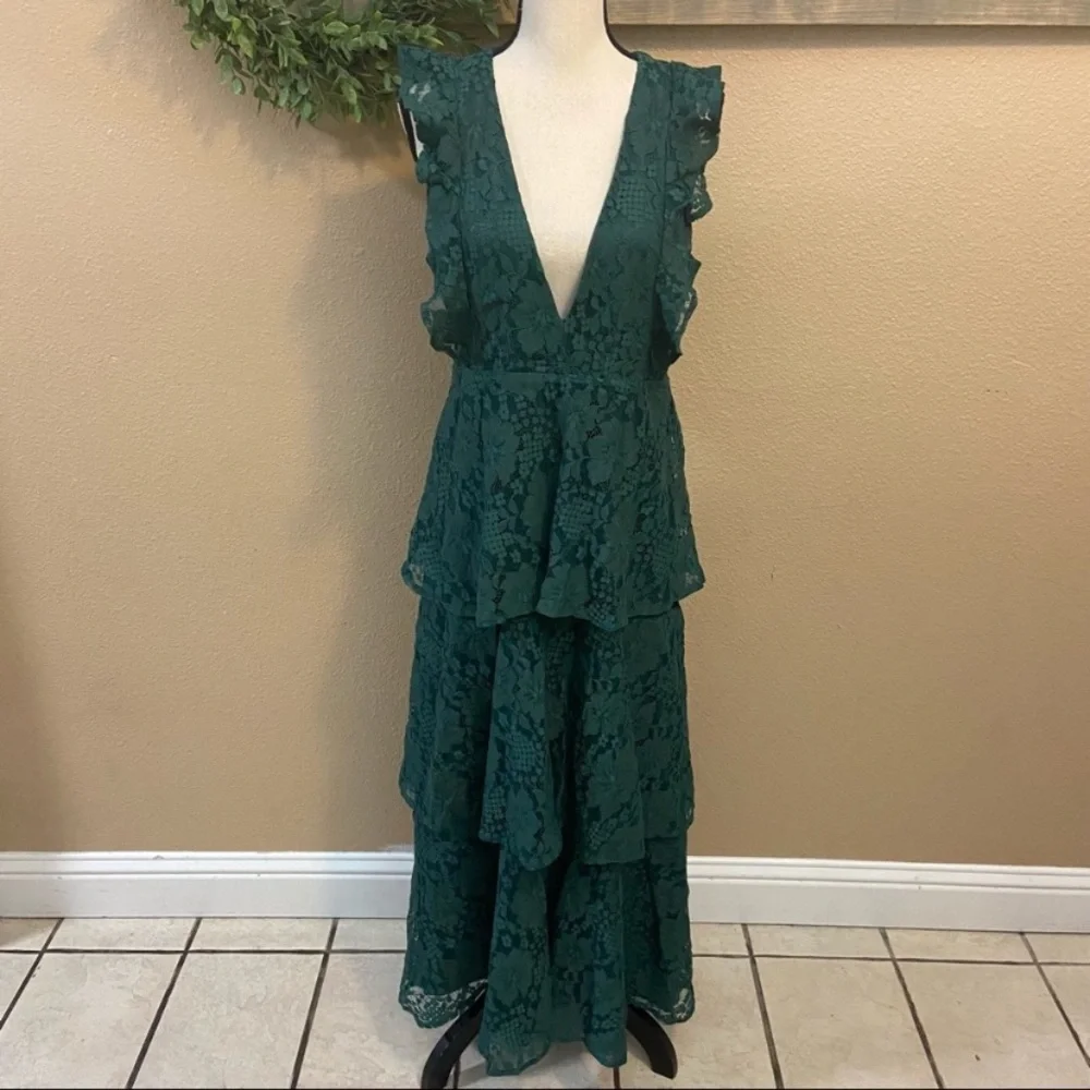 NWOT Lulus Molinetto Forest Green Lace Ruffled Tiered Sleeveless Maxi Dr…_3
